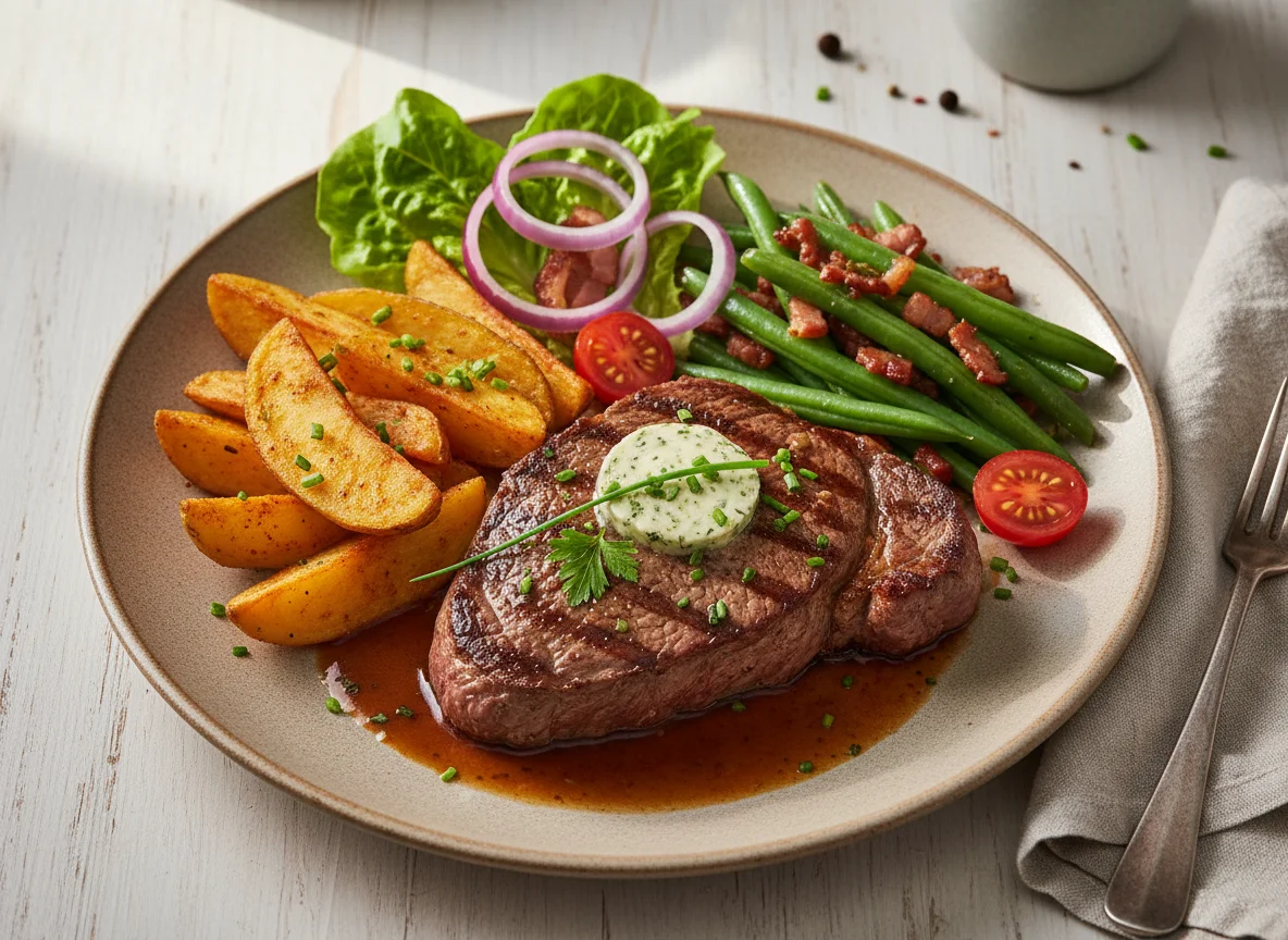 Steak mit Kartoffelspalten, grünen Bohnen und Zwiebelringen photo