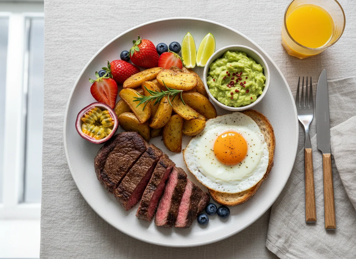 Steak mit Kartoffelspalten, Guacamole, Spiegelei und Früchten photo
