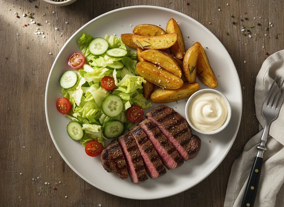 Steak mit Kartoffelspalten, Salat und Mayonnaise photo