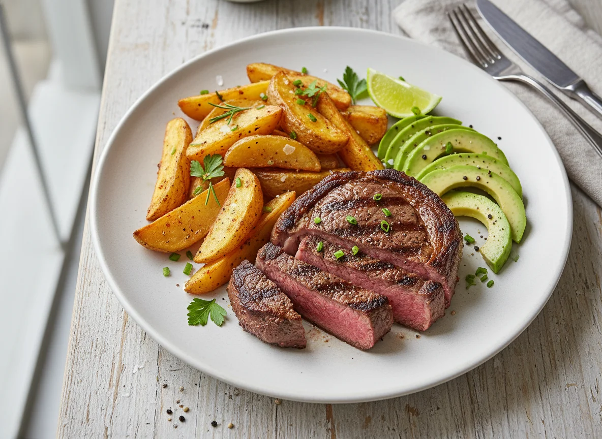 Steak mit Kartoffelspalten und Avocado photo