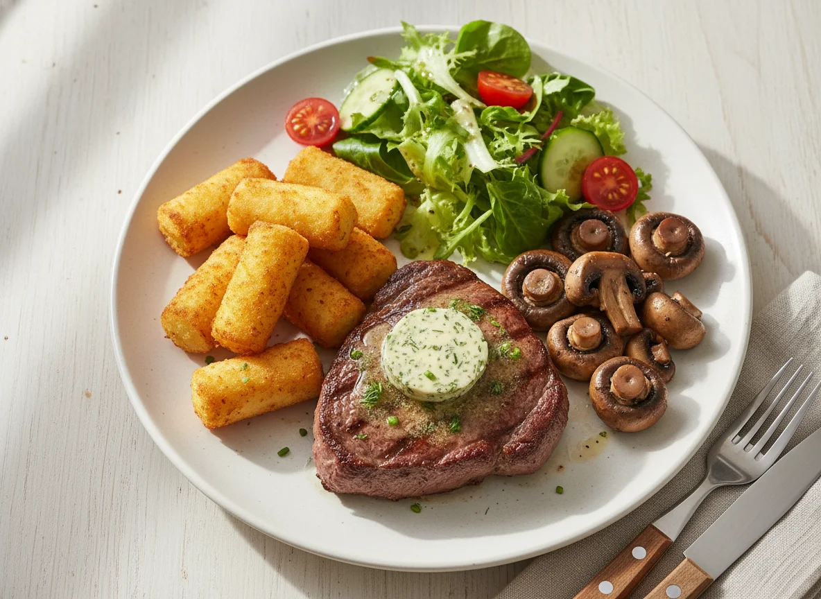 Steak mit Kräuterbutter, Kroketten, Pilzen und Salat photo