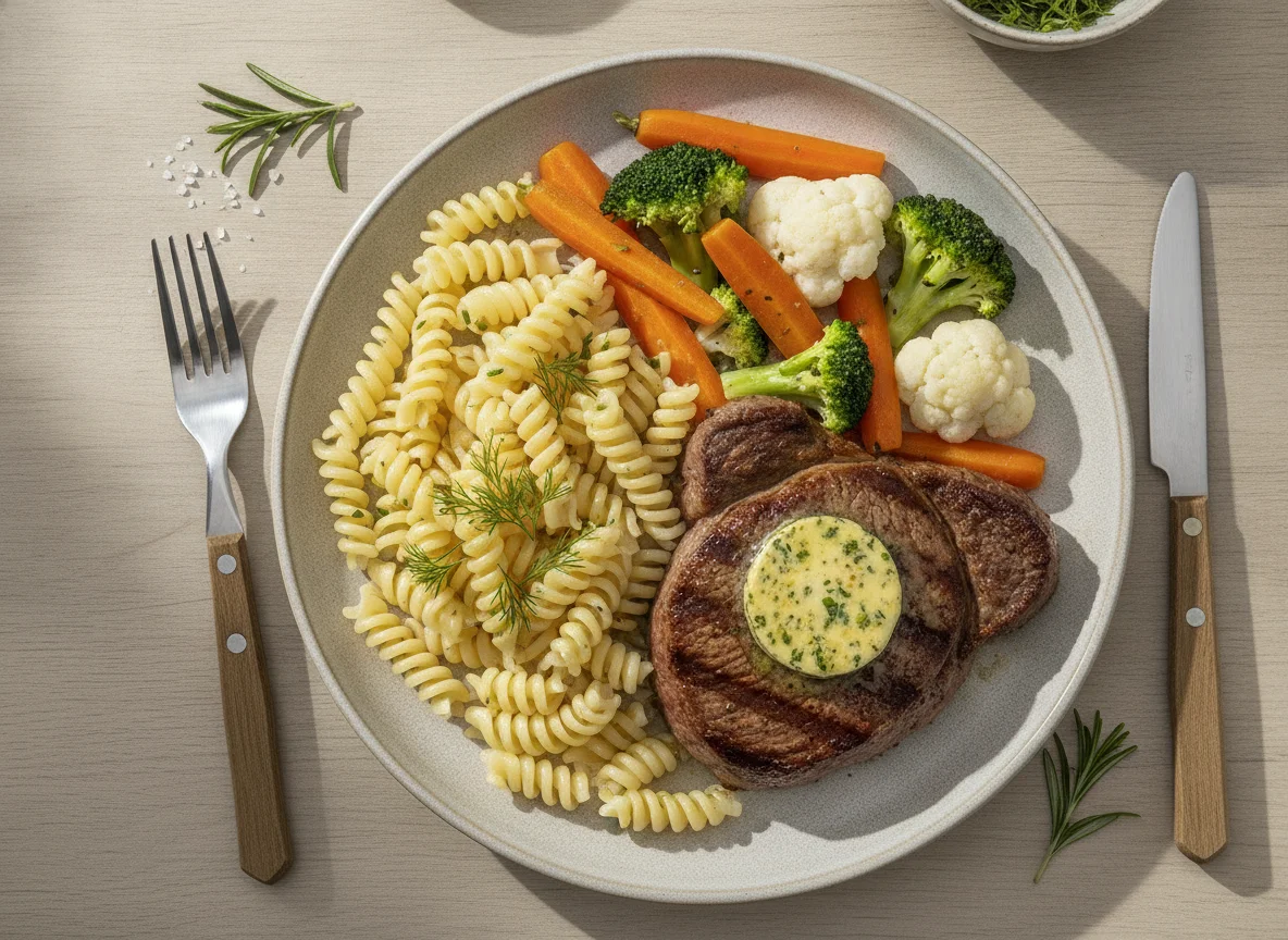 Steak mit Kräuterbutter, Nudeln und Gemüse photo