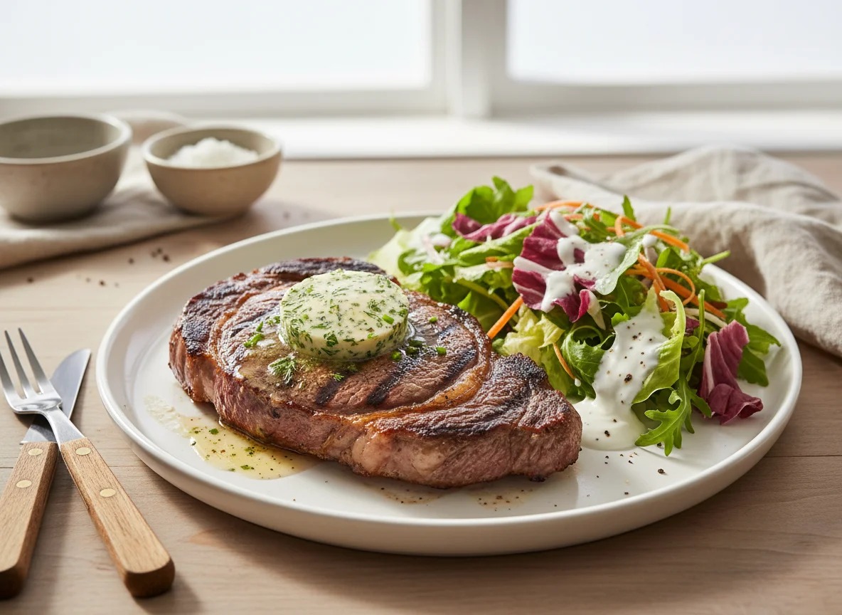 Steak mit Kräuterbutter und gemischtem Salat photo