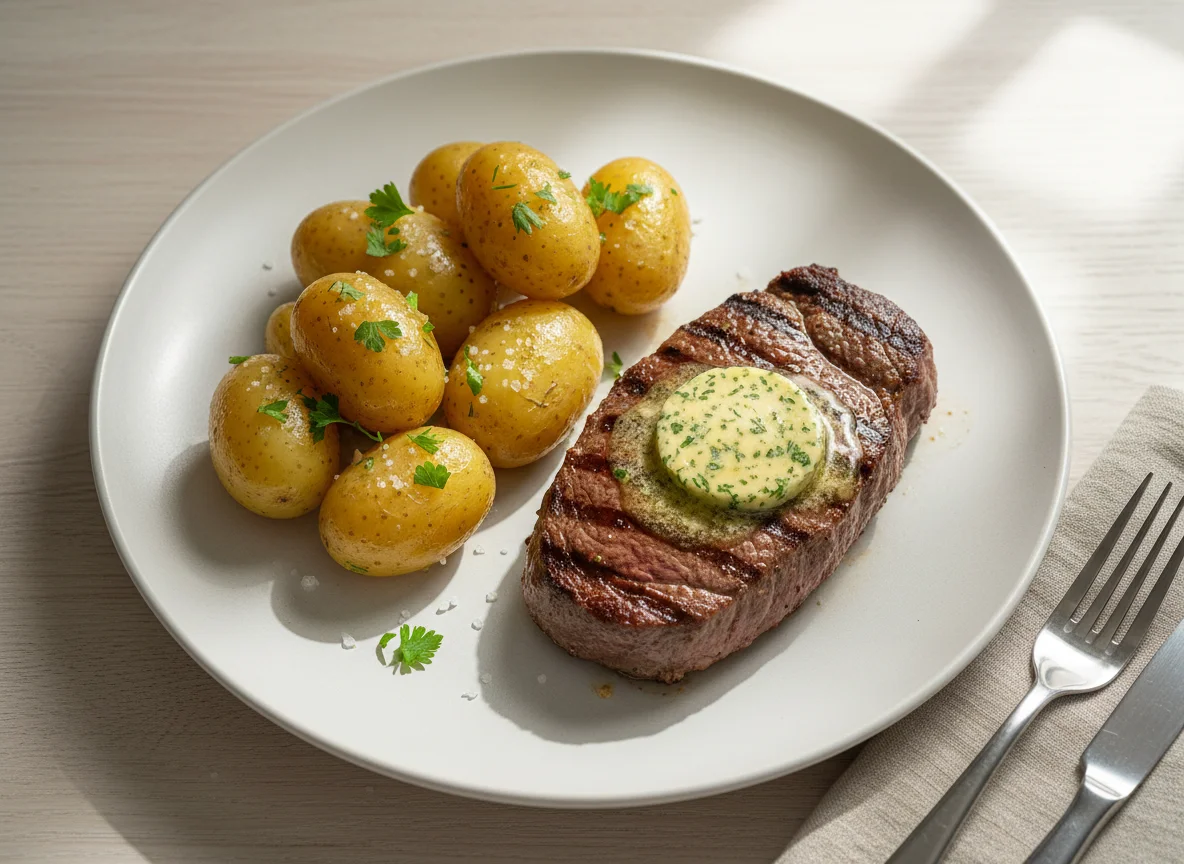 Steak mit Kräuterbutter und Salzkartoffeln photo