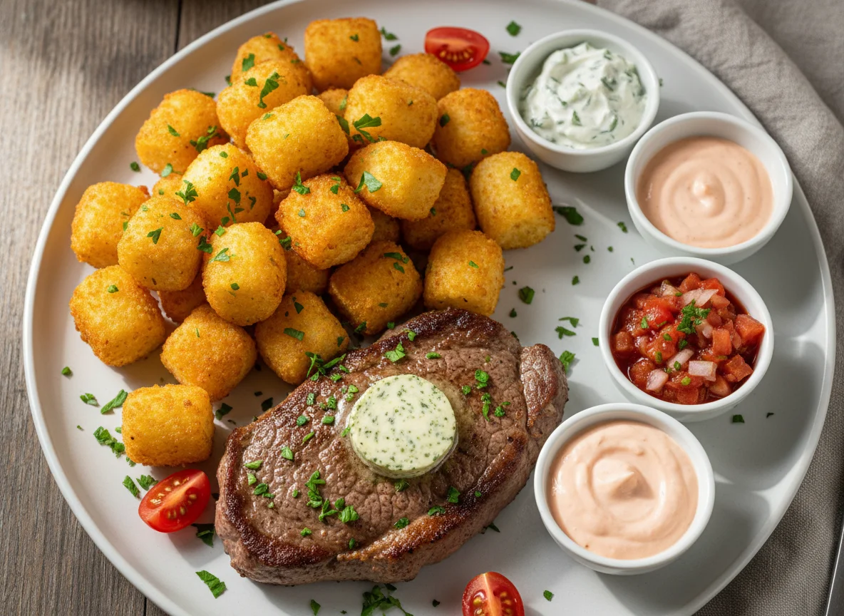 Steak mit Kroketten und Dips photo