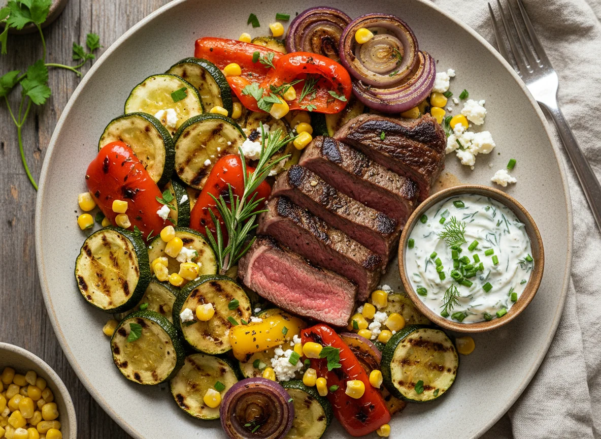 Steak mit mediterranem Gemüse und Kräuterquark photo