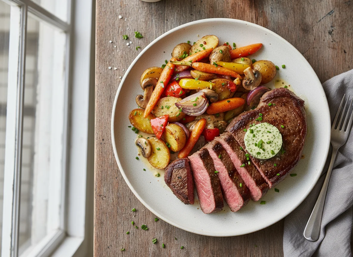 Steak mit Ofengemüse und Sauce photo