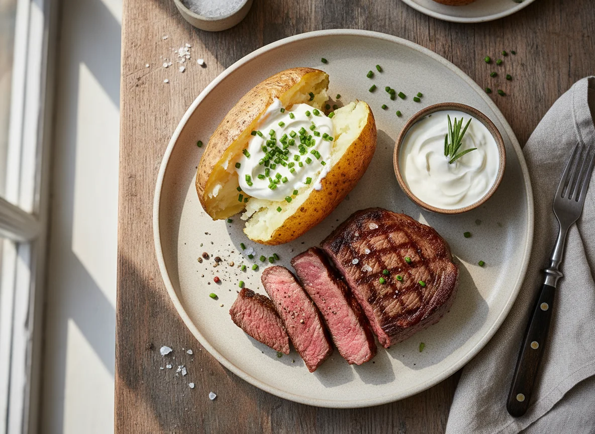 Steak mit Ofenkartoffel und Sour Cream photo