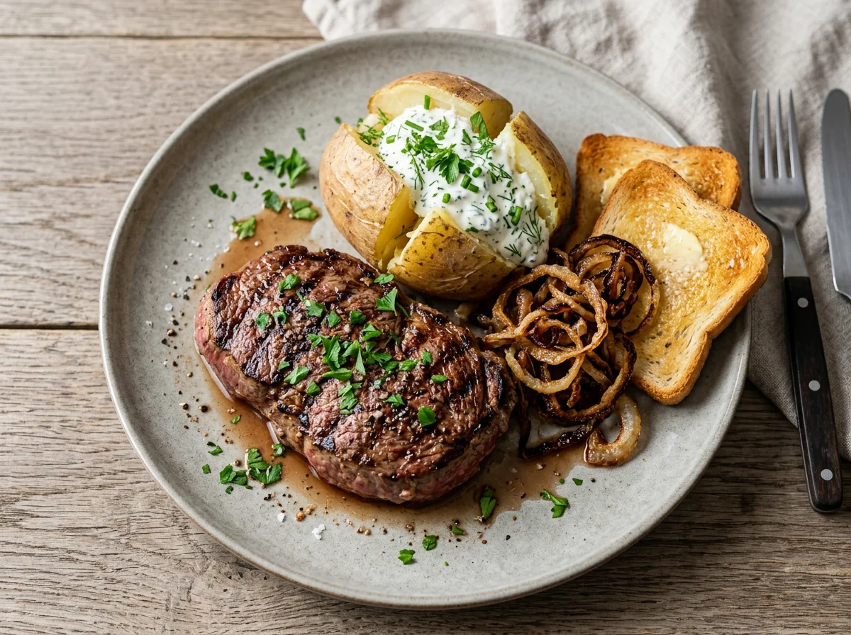 Steak mit Ofenkartoffel und Toast photo