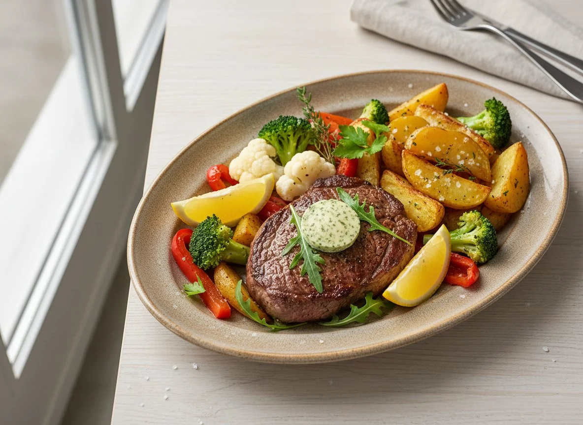 Steak mit Ofenkartoffeln und Gemüse photo
