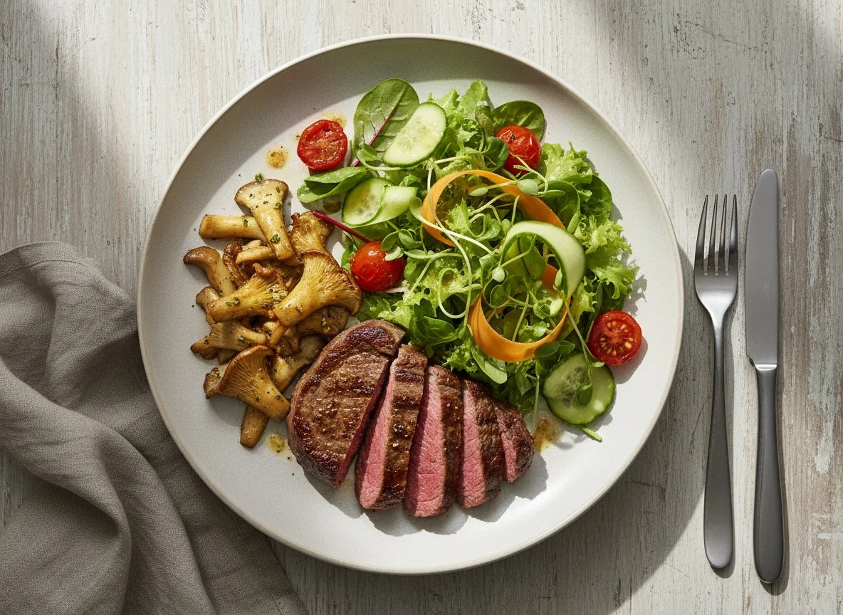 Steak mit Pilzen und Salat photo
