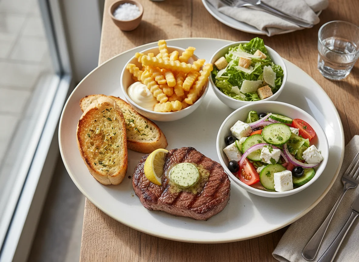 Steak mit Pommes Frites, Knoblauchbrot und Salat photo