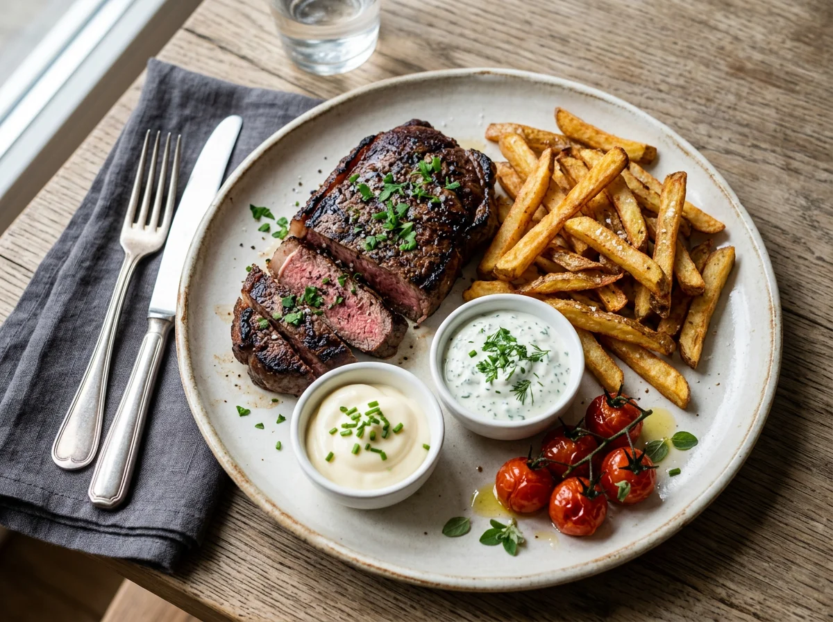 Steak mit Pommes Frites und Saucen photo