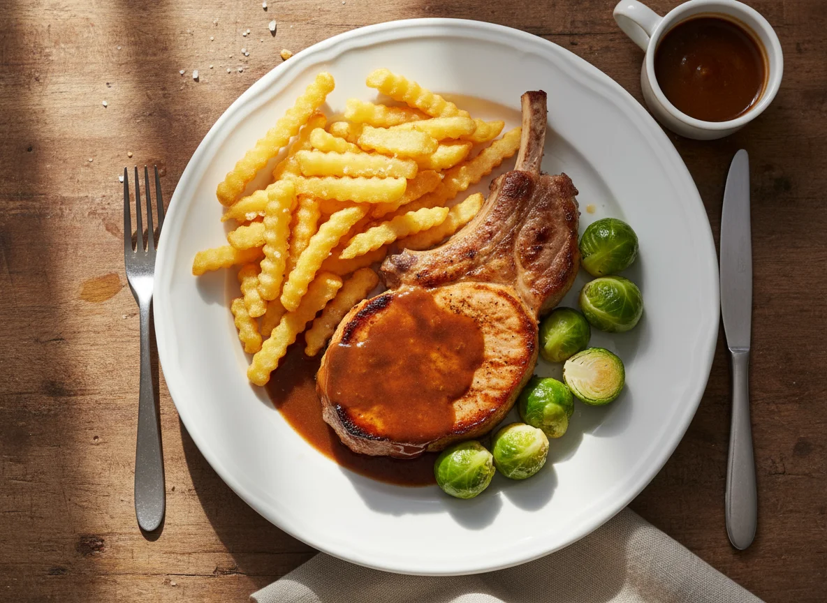 Steak mit Pommes Frites und Soße photo