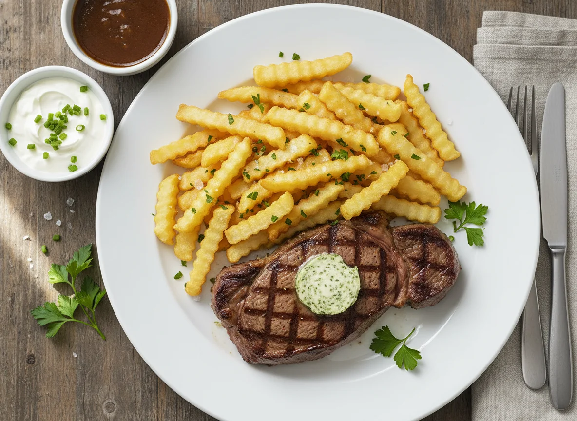 Steak mit Pommes, Kräuterbutter und Saucen photo