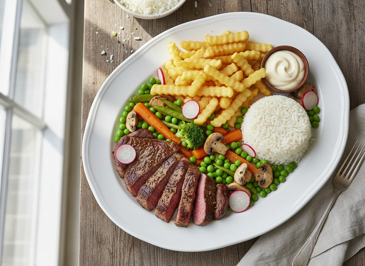 Steak mit Pommes, Reis und Gemüse photo