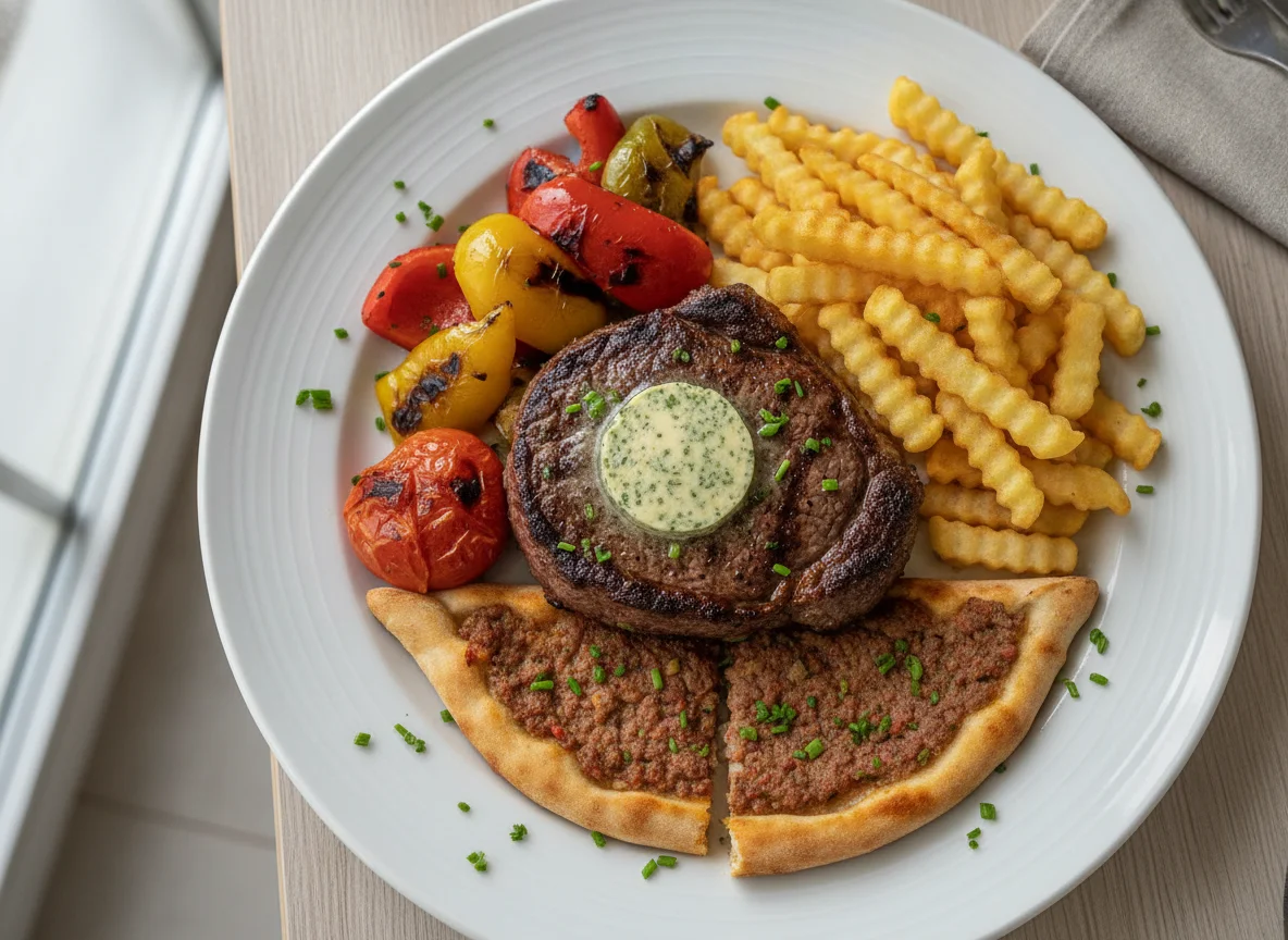 Steak mit Pommes und Beilagen photo