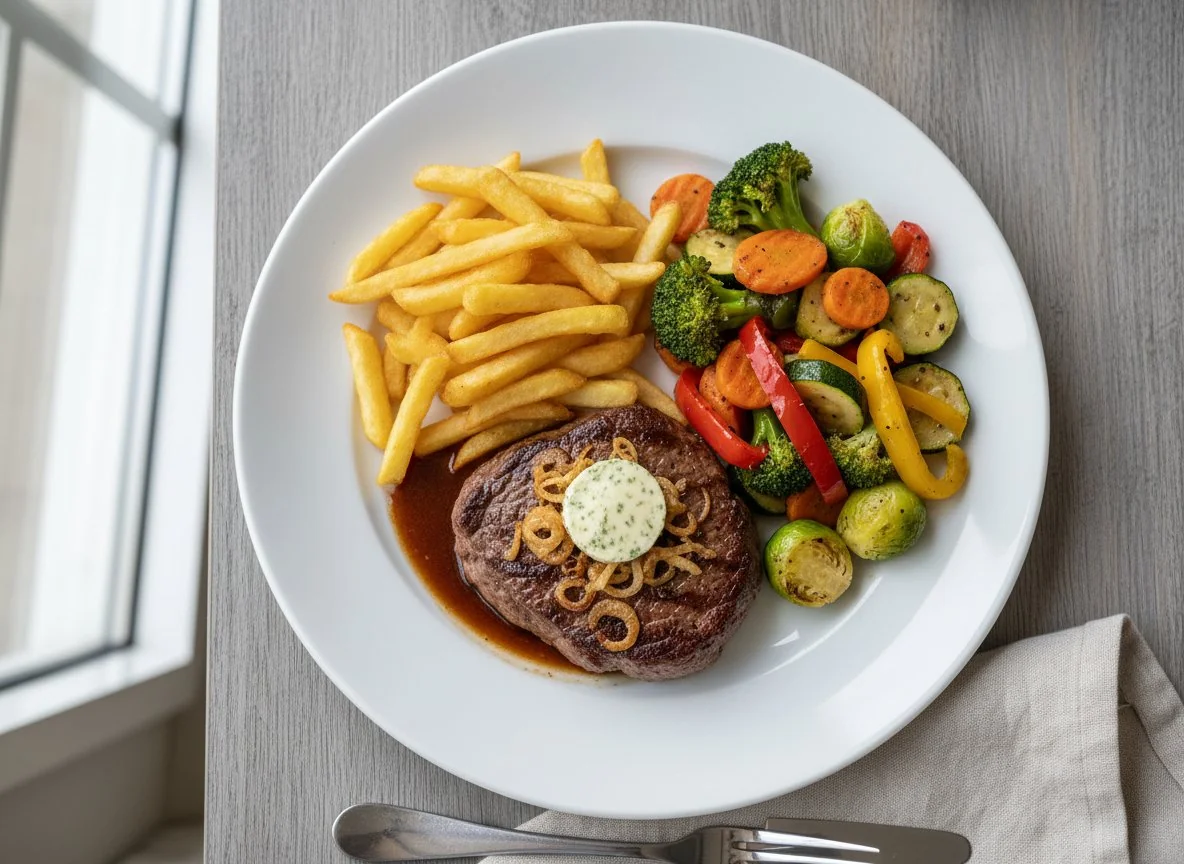 Steak mit Pommes und Gemüse photo