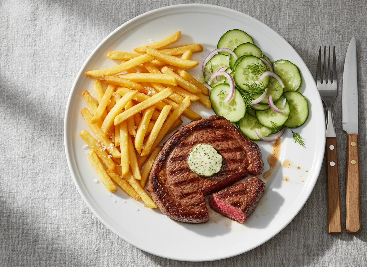 Steak mit Pommes und Gurkensalat photo