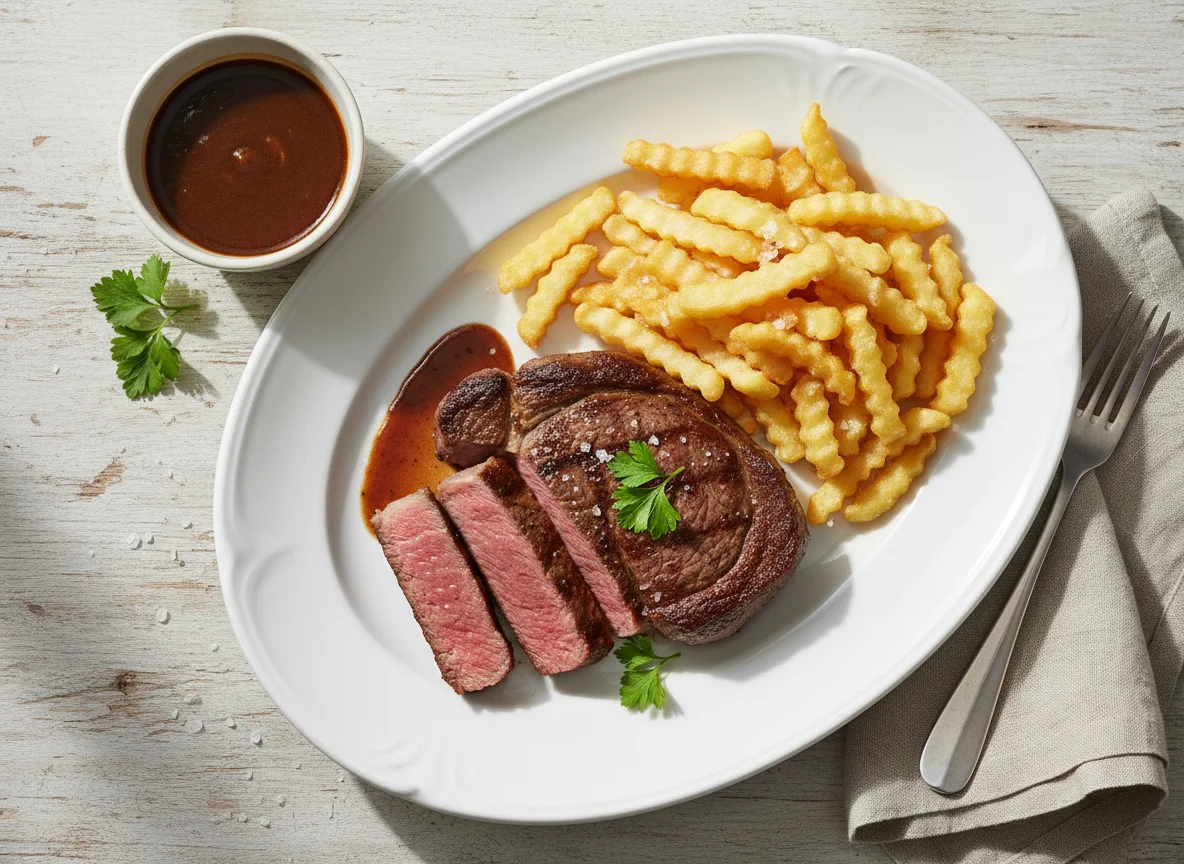 Steak mit Pommes und Sauce photo