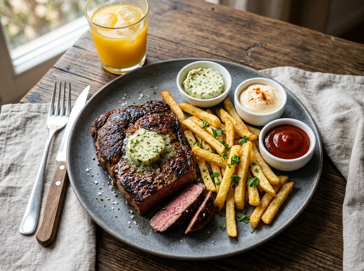 Steak mit Pommes und Saucen photo