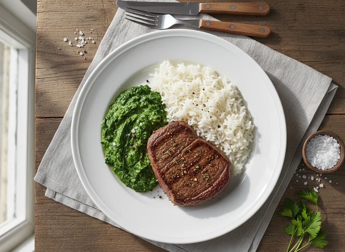 Steak mit Rahmspinat und Reis photo