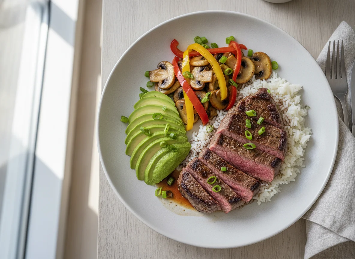 Steak mit Reis, Avocado und Gemüse photo