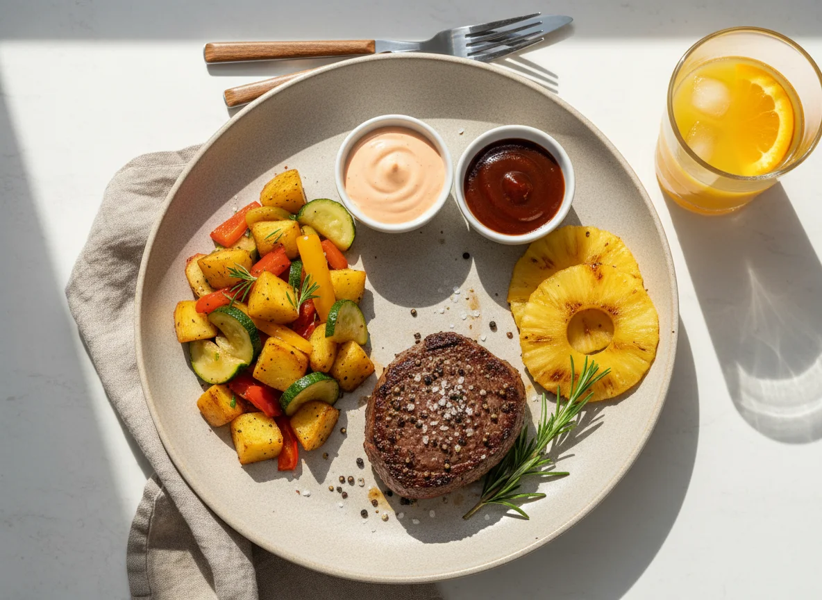Steak mit Rosmarin und Beilagen photo
