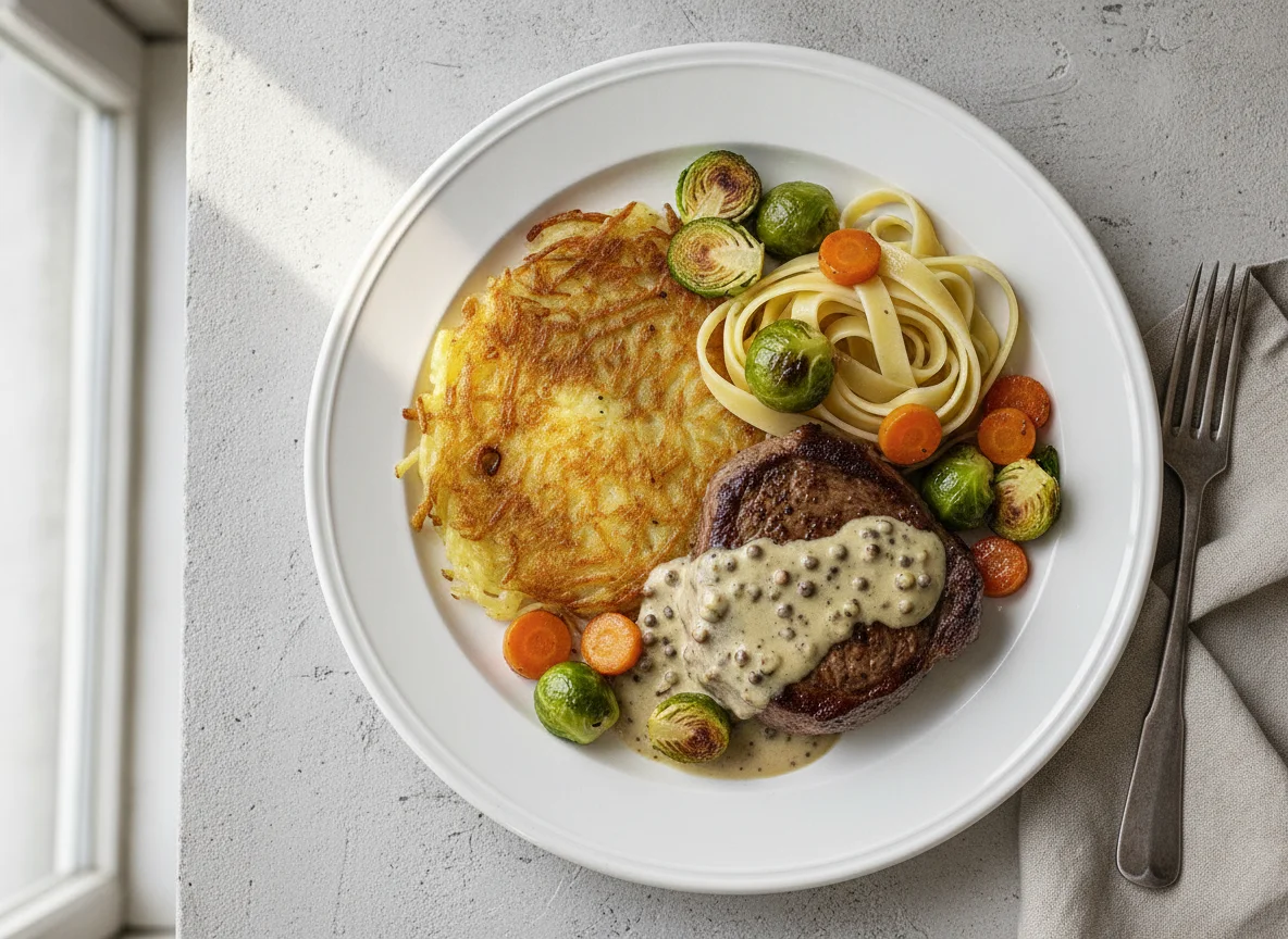 Steak mit Rösti und Rosenkohl photo