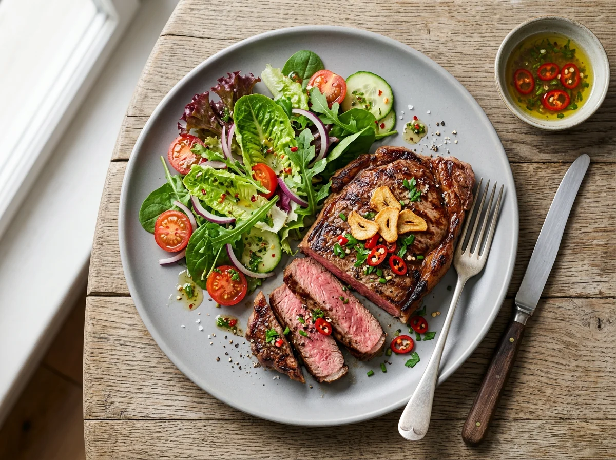 Steak mit Salat und Chili photo