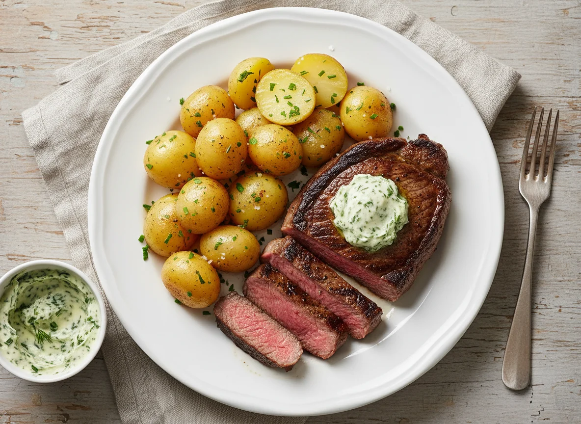 Steak mit Salzkartoffeln und Kräuterbutter photo