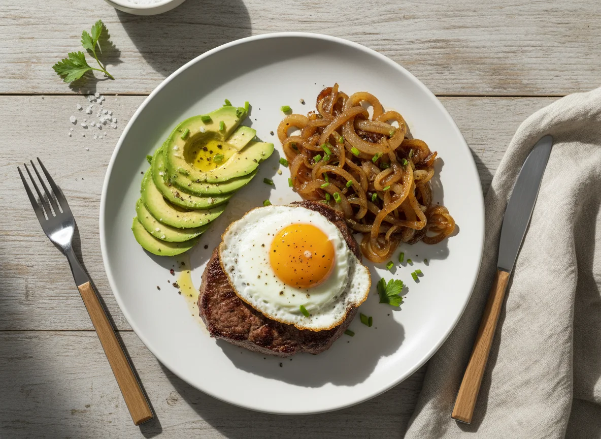 Steak mit Spiegelei, Avocado und karamellisierten Zwiebeln photo