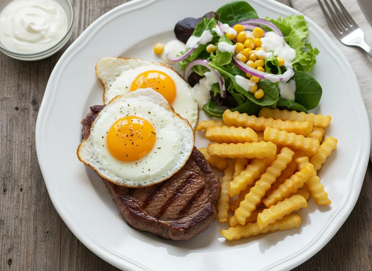 Steak mit Spiegelei, Pommes und Salat photo