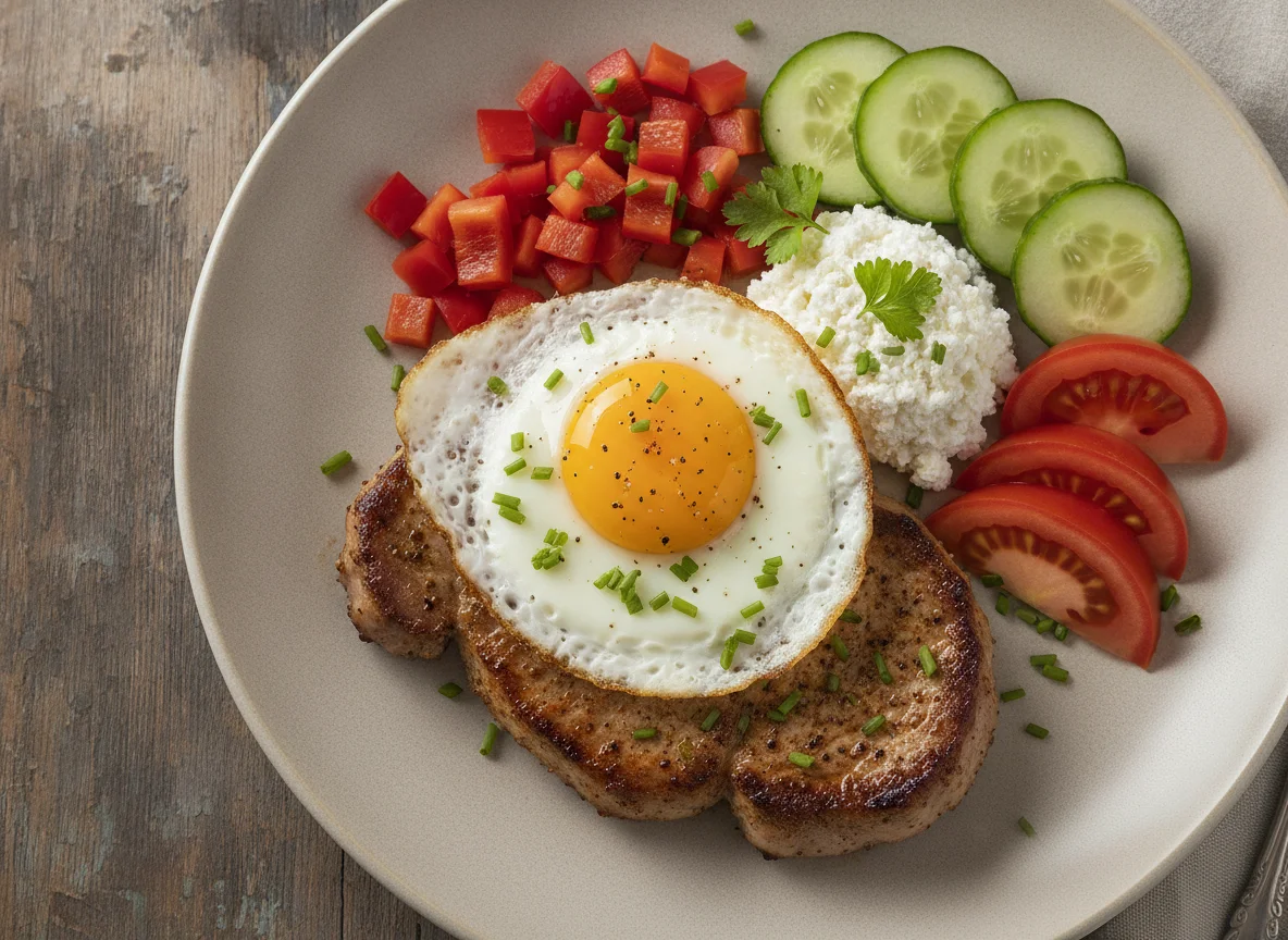 Steak mit Spiegelei und Gemüse photo