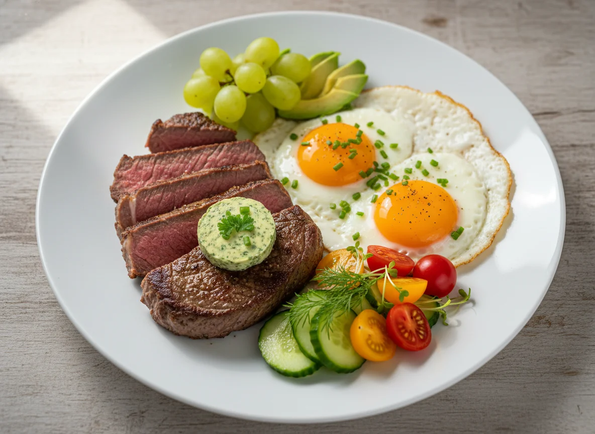 Steak mit Spiegeleiern, Kräuterbutter, Trauben, Avocado und Gemüse photo