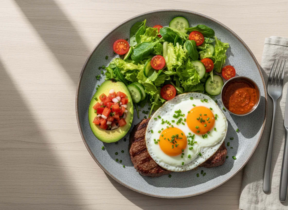 Steak mit Spiegeleiern und Salat photo