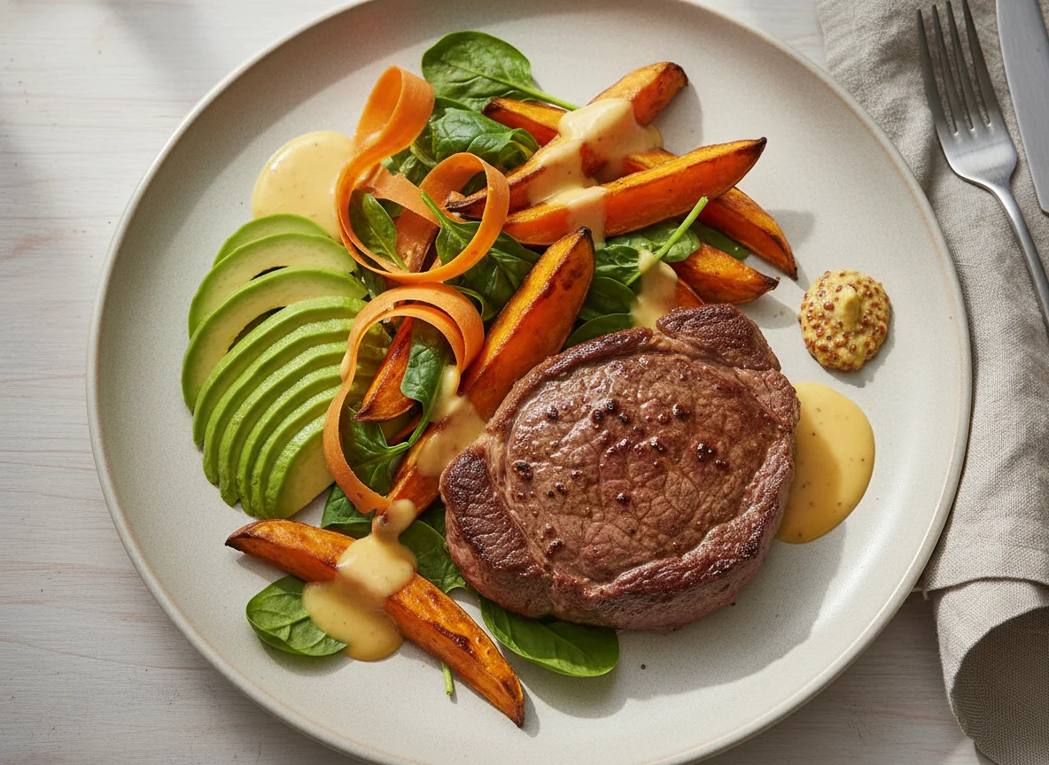 Steak mit Süßkartoffeln, Karotten, Spinat und Avocado photo