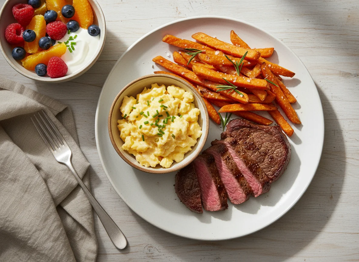 Steak mit Süßkartoffelpommes, Rührei und Obstteller photo