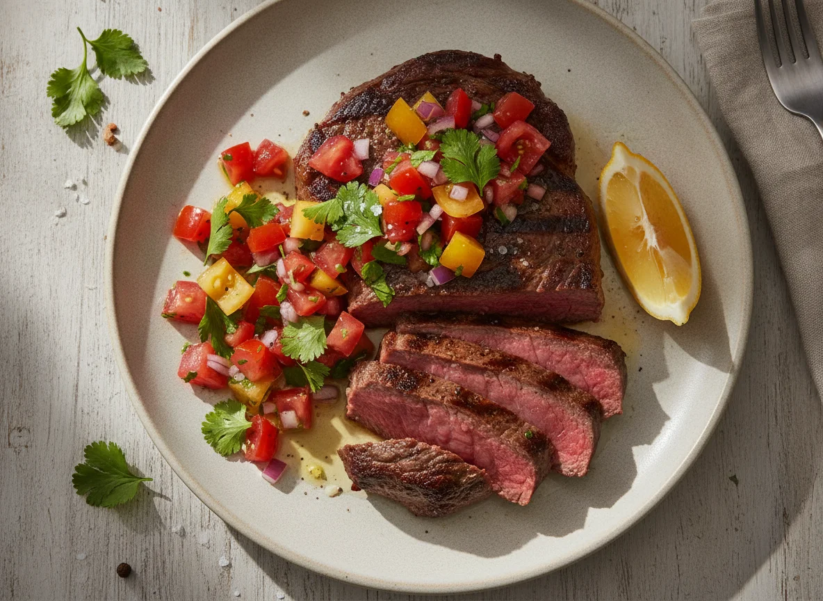 Steak mit Tomaten-Kräuter-Salsa und Zitrone photo