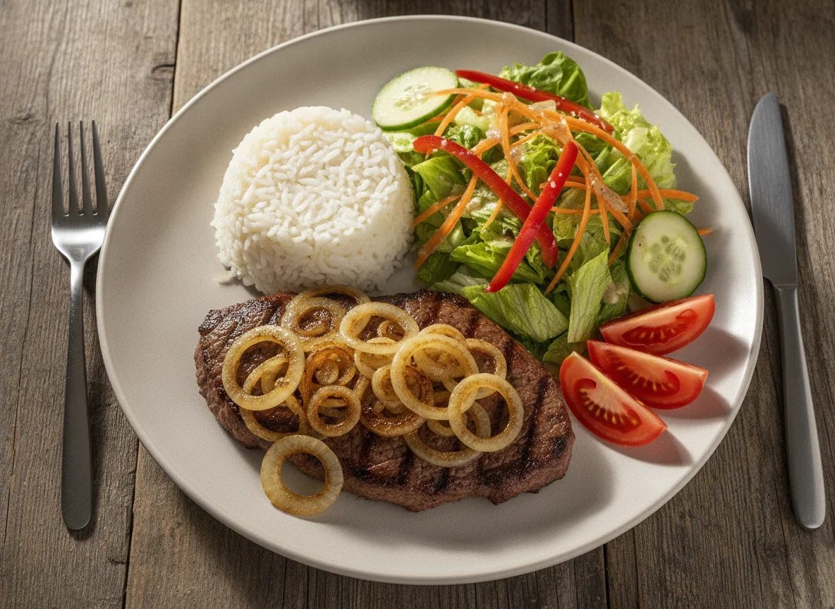 Steak mit Zwiebeln, Reis und Salat photo