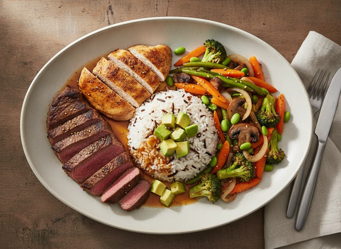 Steak und Hähnchen mit Reis und Gemüse photo