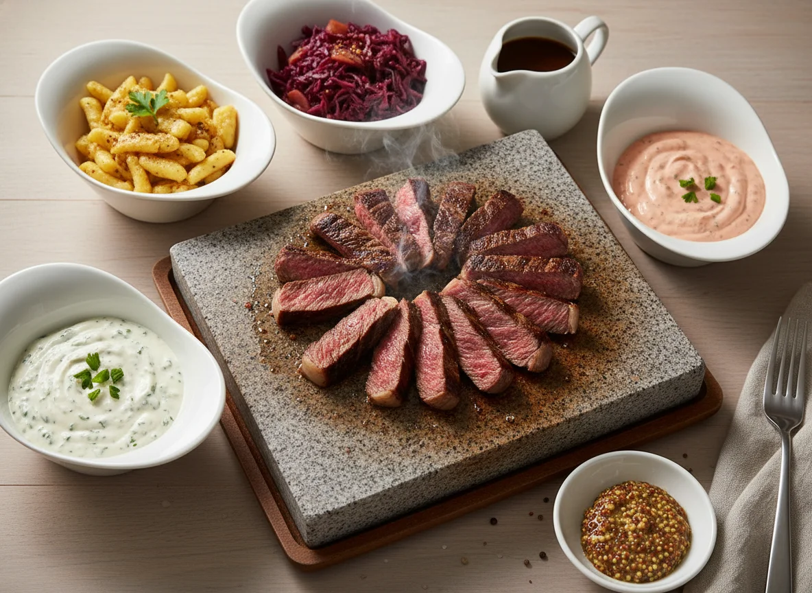 Steak vom heissen Stein mit Beilagen photo