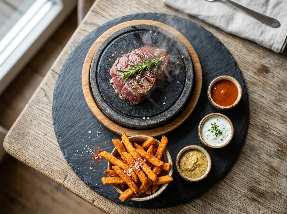 Steak vom heissen Stein mit Süsskartoffel-Pommes und Saucen photo