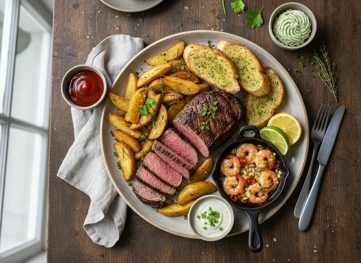 Steakplatte mit Beilagen photo