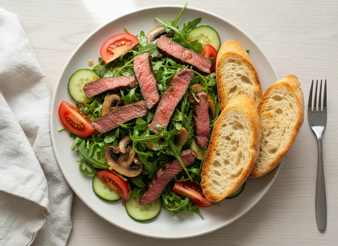 Steak-Salat mit Baguette photo