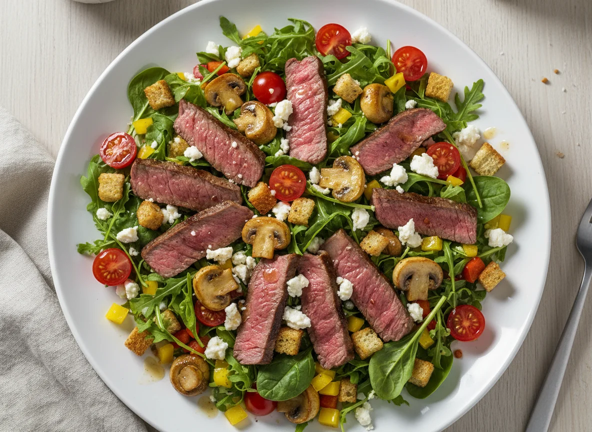 Steak-Salat mit Feta und Pilzen photo