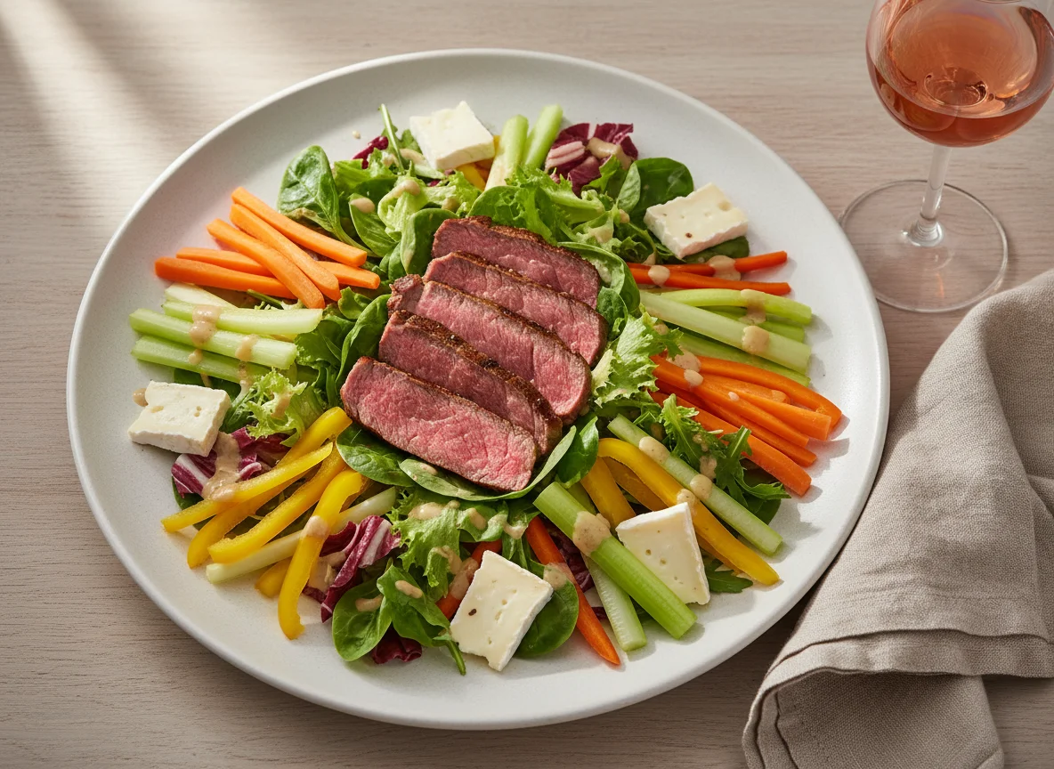 Steak-Salat mit Gemüsesticks und Käse photo
