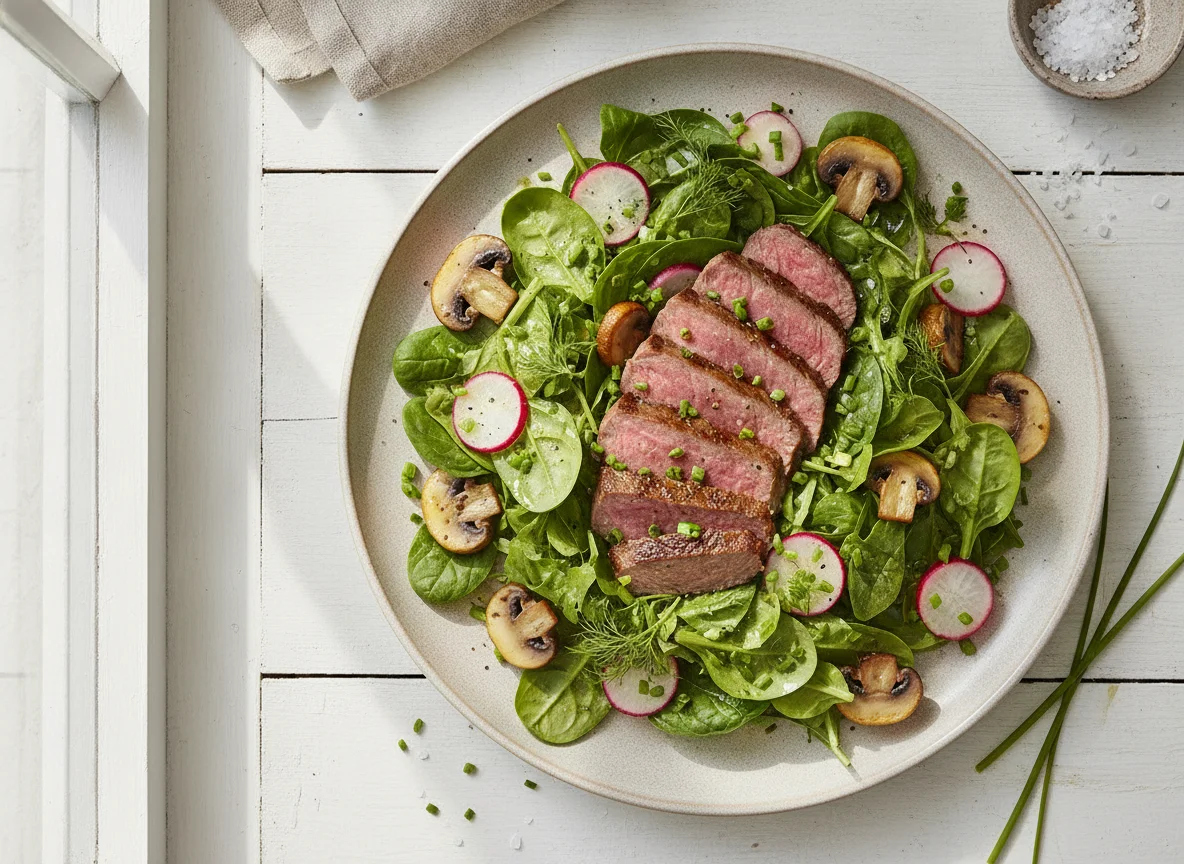 Steak-Salat mit Pilzen und Radieschen photo