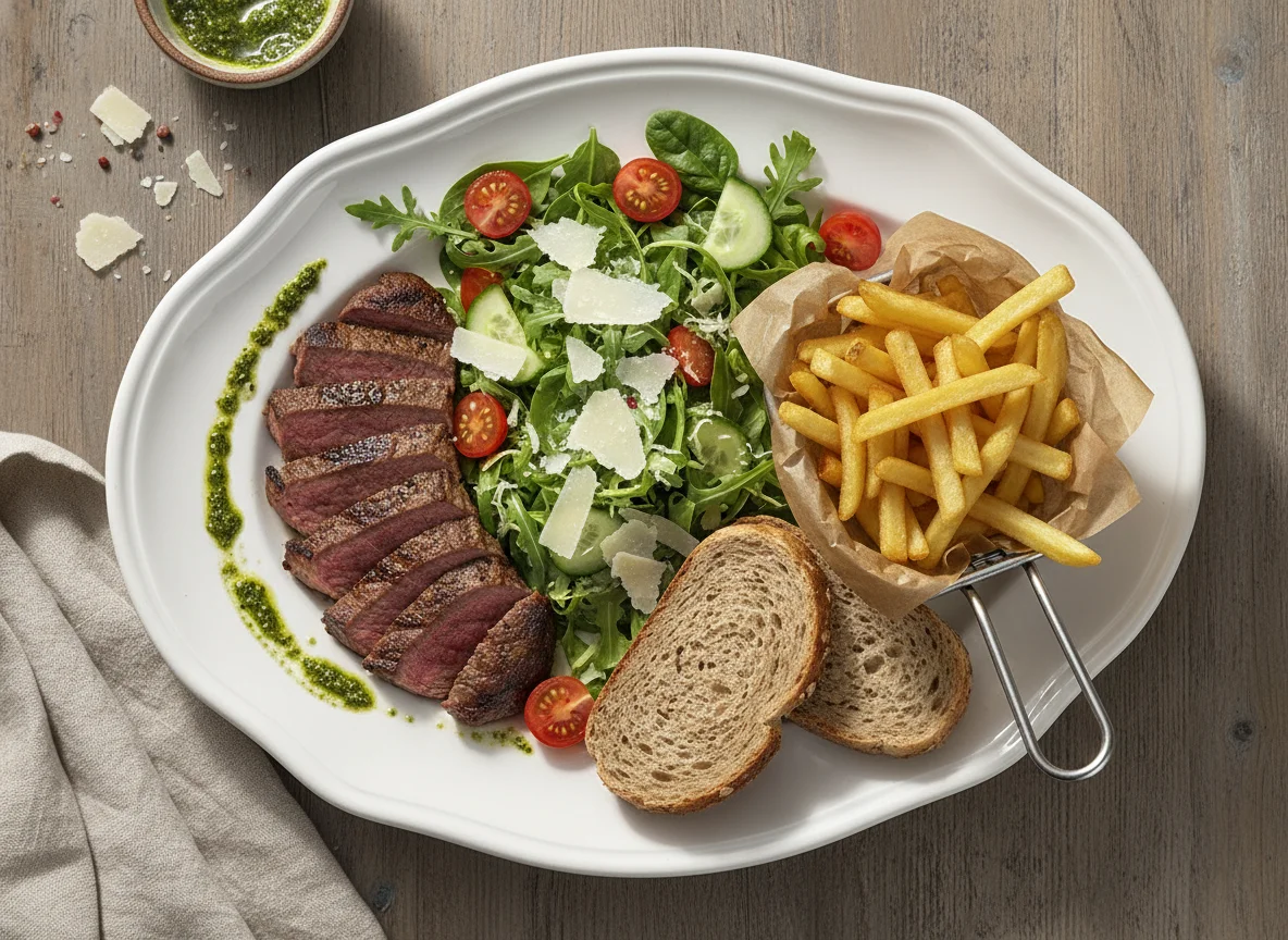 Steak-Salat mit Pommes und Brot photo