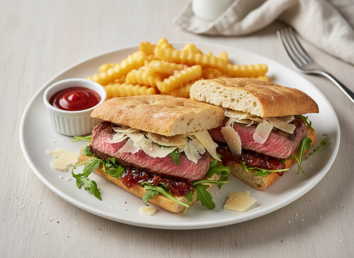 Steak-Sandwich mit Pommes Frites photo